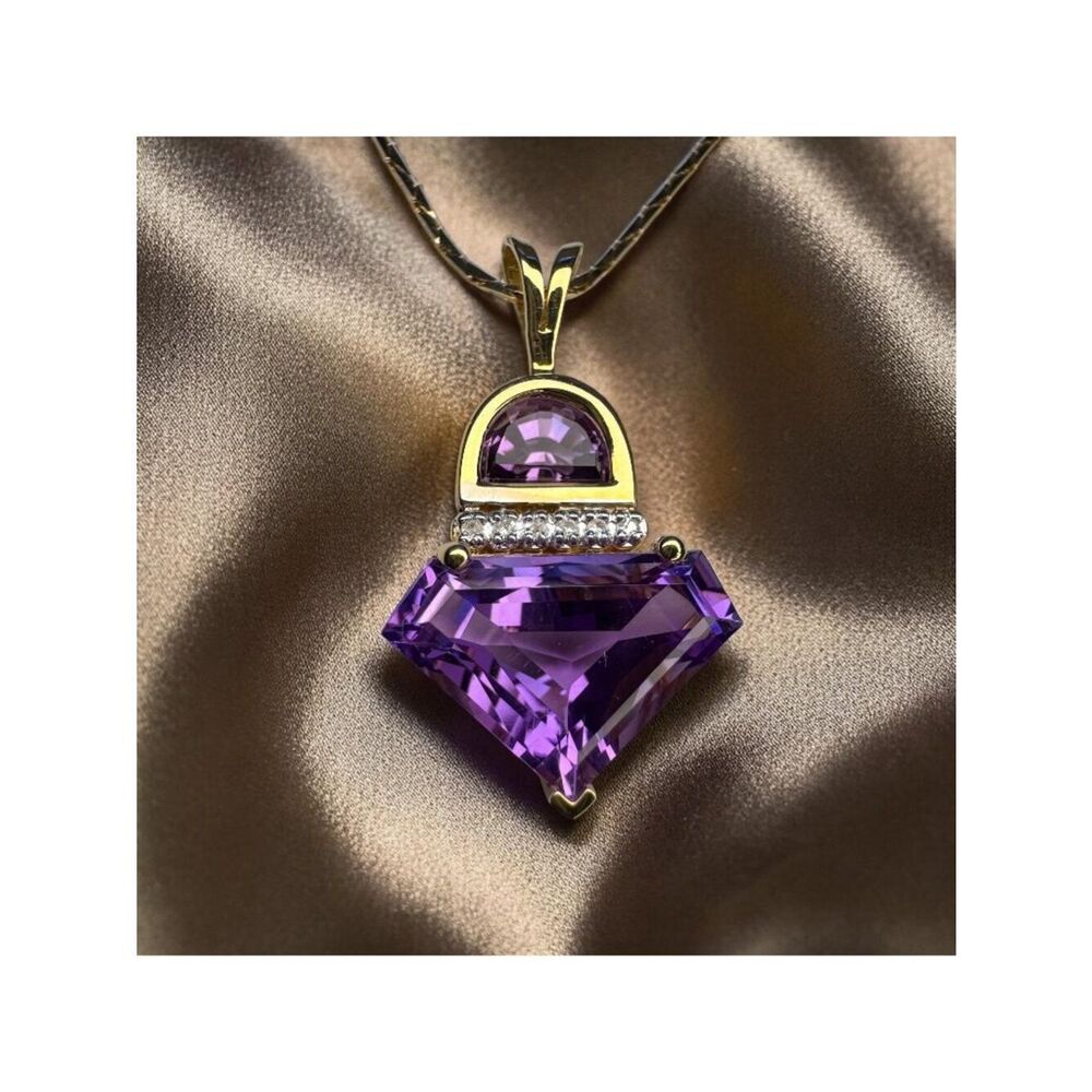 14K Gold Natural Amethyst & Diamond Necklace -17" Retro Contemporary Estate 4.4g